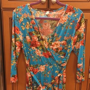 Pinkblush Maternity Teal and Red Floral Wrap Dress L